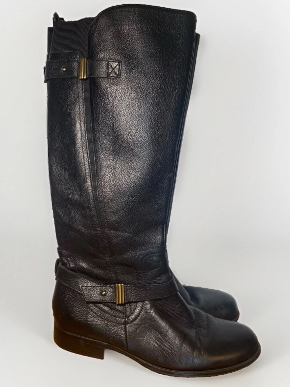 Naturalizer Women's 9 WW Black Leather Knee High Riding Boots Gold Buckle